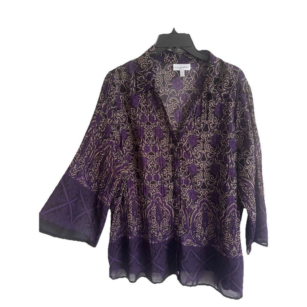 Fashion Bug 0X Purple Paisley Printed Pleated Polyester Blouse Top 3/4 Sleeve
